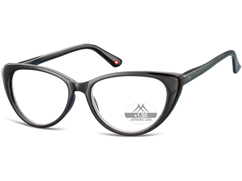 Montana HMR64 +1.00 reading glasses, Black, 52-16-142 acetate, women, cat eye + case